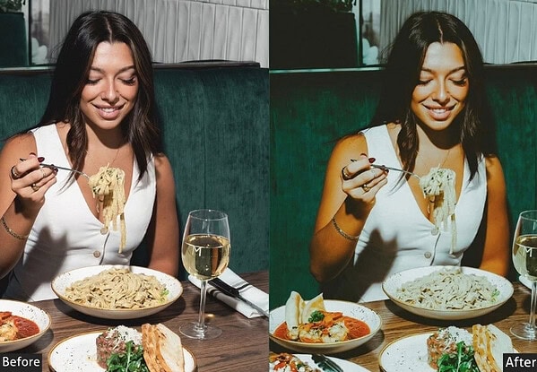 Before and after comparison of food photos edited with Lightroom presets for vibrant and appetizing images.