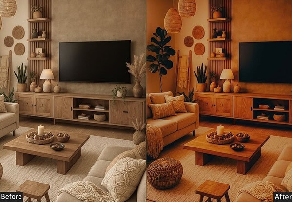Comparison of living room interior showing before and after photo editing with warm lighting and cozy decor.