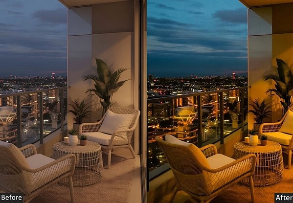 Before and after comparison of a balcony with city view using Lightroom presets for real estate photography.