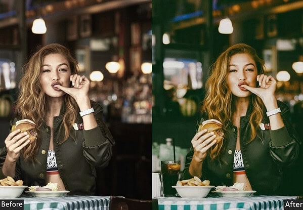 Comparison of food photo before and after applying Lightroom presets for vibrant and appetizing images.