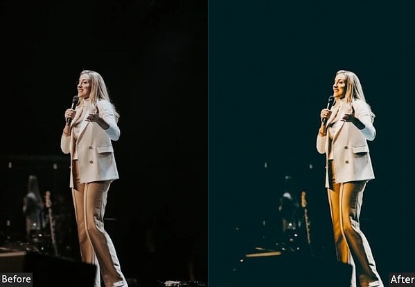 Comparison of a concert photo before and after applying Lightroom presets, highlighting enhanced color and contrast for live music photography.