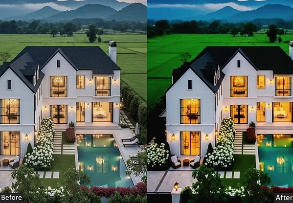 Before and after images of a luxury house with enhanced lighting and color correction using real estate Lightroom presets.