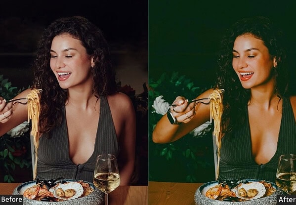 Side-by-side comparison of food photo before and after applying Lightroom presets, showcasing enhanced colors and lighting for appetizing visuals.
