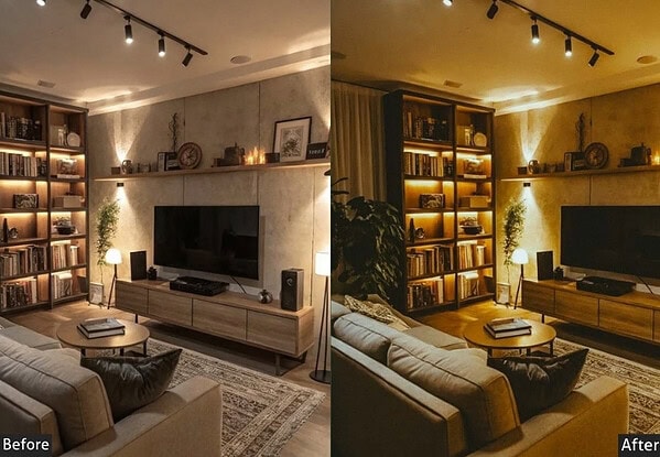 Comparison of living room interior with and without Lightroom presets showing enhanced warm tones and lighting effects.