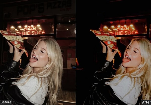 Young woman enjoying pizza at night with vibrant lighting, showcasing the effect of food Lightroom presets for enhancing food photos.