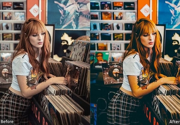 A young woman browsing vinyl records in a music store, showcasing vibrant and warm tones after applying Lightroom presets for indoor photography.