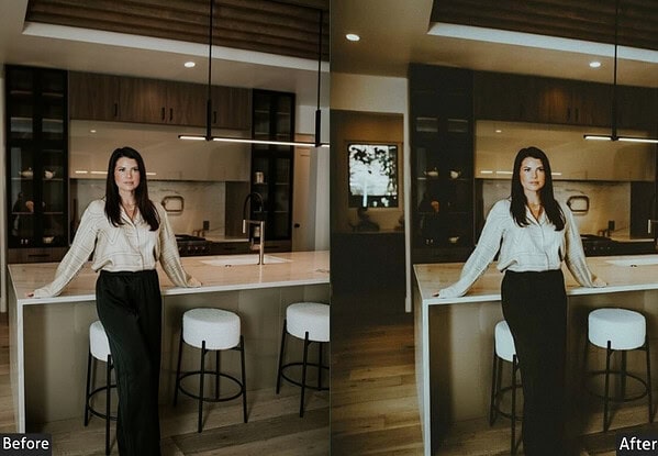 Before and after images showcasing the effect of real estate Lightroom presets on property photos, highlighting enhanced lighting and color correction.