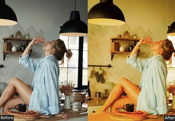 Before and after images showcasing the effect of indoor Lightroom presets on a lifestyle photo of a woman drinking coffee in a cozy kitchen.