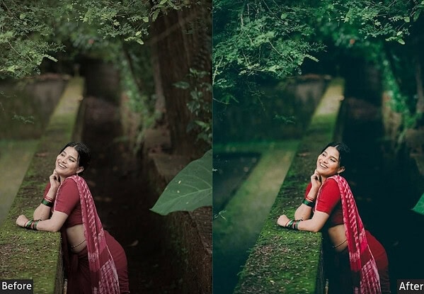 Before and after images showing a woman in traditional attire with enhanced greenery and color tone using Indian Lightroom presets.