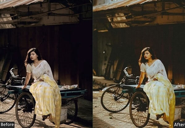 Before and after images showcasing Bollywood-style photo edits using Lightroom presets, featuring a woman in traditional attire sitting on a rickshaw.