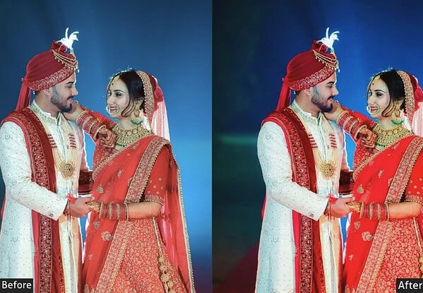 Indian bride and groom in traditional wedding attire, showcasing vibrant red and gold colors, with a focus on the couple's joyful expressions and intricate details of their outfits.