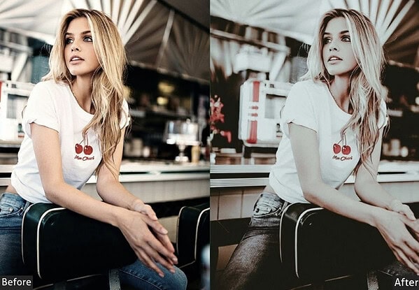 Before and after comparison of a portrait photo edited with retro Lightroom presets, showcasing vintage film-style effects for enhanced visual appeal.