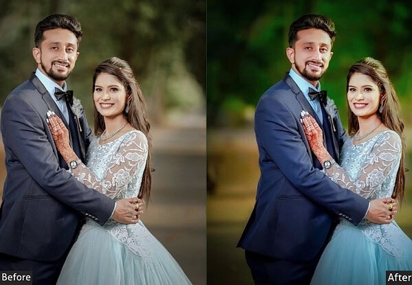 Comparison of wedding photo edited with Indian wedding Lightroom presets, showcasing enhanced colors and brightness for Haldi, Mehndi, and Reception photos.