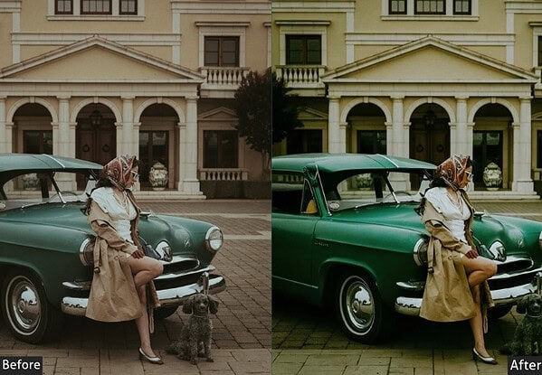 Comparison of photo with and without retro Lightroom presets showing classic film-style enhancement.
