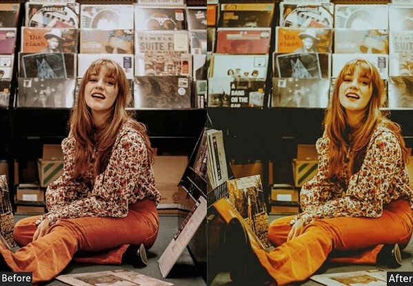 Young woman with red hair sitting on the floor in a record store, smiling, with vinyl records behind her, showcasing before and after applying retro Lightroom presets.