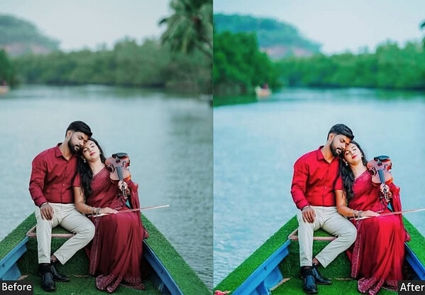 Before and after images showcasing Indian wedding photo edits using Lightroom presets, highlighting color enhancement and mood setting.