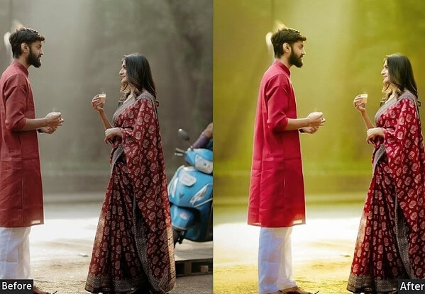 Indian couple exchanging gifts during wedding ceremony, showcasing vibrant traditional attire and joyful moment, enhanced with wedding presets for photos.