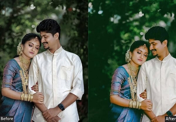Before and after images showcasing the effect of Indian wedding Lightroom presets on Haldi, Mehndi, and reception photos, highlighting vibrant colors and enhanced details.