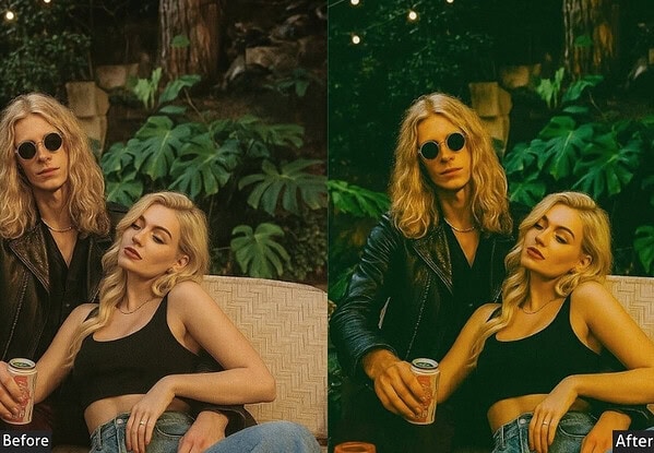 Comparison of photo before and after applying retro Lightroom presets, showcasing enhanced vintage film-style effects on two women relaxing outdoors.