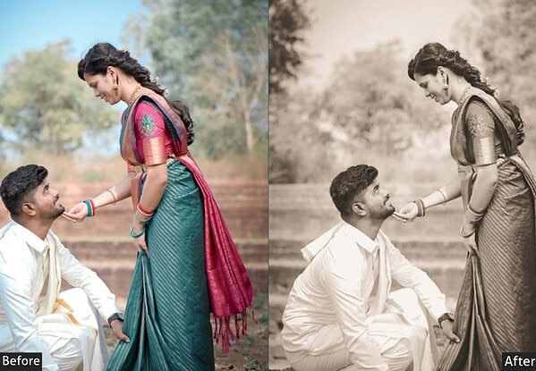 Beautiful Indian wedding scene with a bride and groom, showcasing vibrant traditional attire and emotional connection, enhanced with Lightroom presets.
