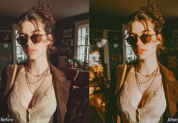 Side-by-side comparison of a woman with and without retro Lightroom presets, showcasing vintage film-style editing effects for photography.