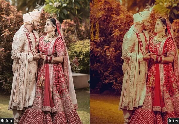 Indian bride and groom in traditional attire with vibrant wedding presets for Lightroom, perfect for Haldi, Mehndi, and reception photos.