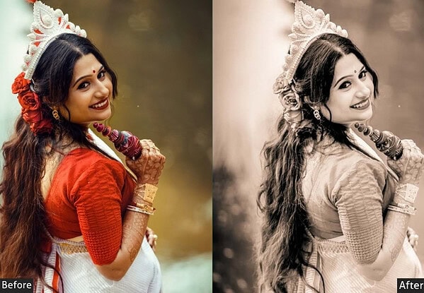 Beautiful Indian bride in traditional attire with floral accessories, showcasing vibrant colors and intricate details, ideal for wedding photo editing.