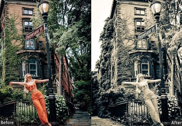 Comparison of a city street photo before and after applying retro Lightroom presets for classic film-style photography.