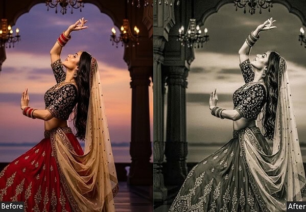 Beautiful Indian bride in traditional attire using Lightroom presets for wedding photos, showcasing before and after effects for Haldi, Mehndi, and Reception.
