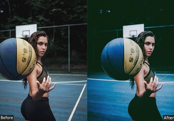 Comparison image showing a woman on a basketball court with and without Lightroom presets, highlighting color and lighting enhancements for sports photography.