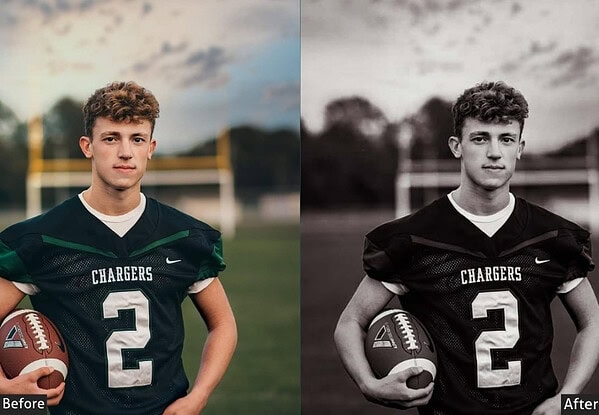 Before and after applying sports Lightroom presets to a football player image, showcasing enhanced color and contrast for dynamic stadium shots.