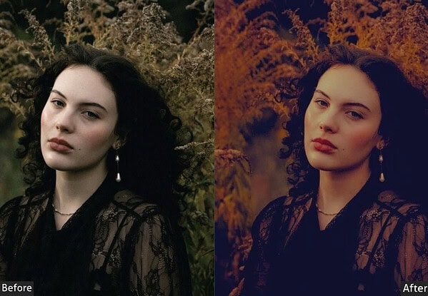 Comparison image showing a woman's portrait before and after applying orange teal Lightroom presets for movie-style color grading.