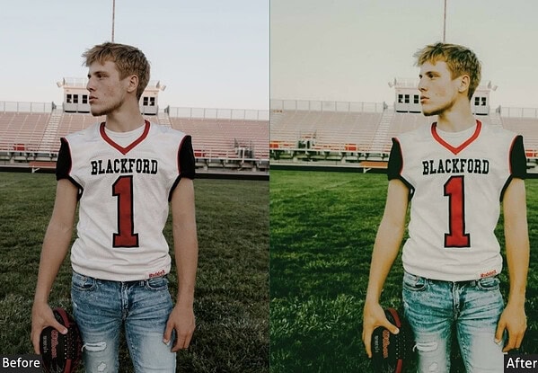 Comparison of a young male athlete in a stadium before and after applying sports Lightroom presets, highlighting color and contrast enhancements.