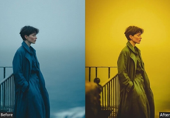 Comparison image showing the original and color-graded versions of a woman in a coat on a balcony, demonstrating the impact of orange teal presets for movie-style color grading.