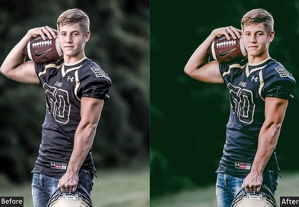 Young male football player holding a football, showcasing before and after photo editing effects with sports Lightroom presets.