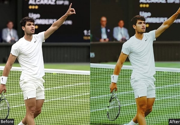 Before and after comparison of a tennis player using Lightroom presets, highlighting enhanced color and clarity for sports photography.