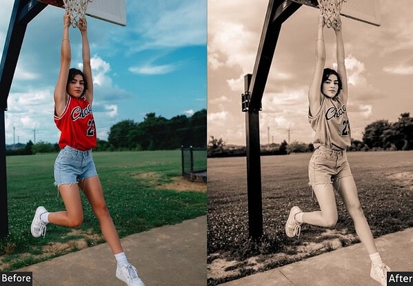 Side-by-side comparison of a young woman hanging from a basketball hoop, showcasing before and after applying sports-themed Lightroom presets for vibrant and vintage effects.