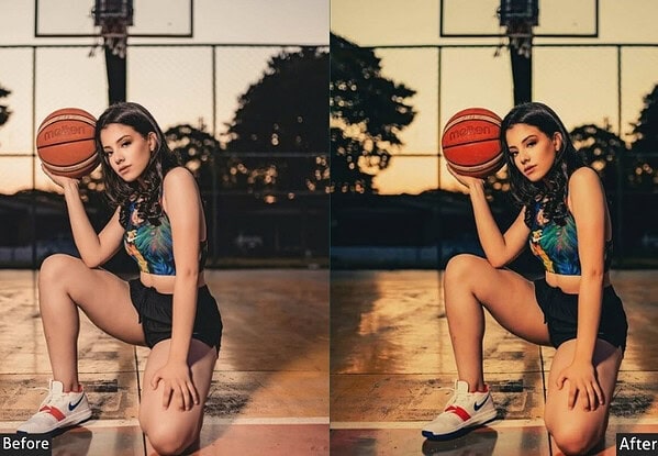 Young woman holding basketball on outdoor court with enhanced lighting and color effects using sports Lightroom presets.