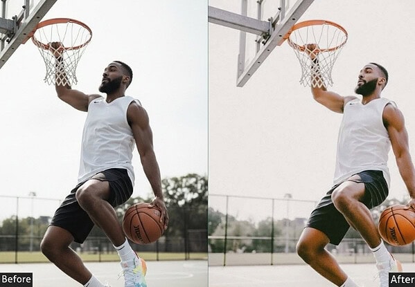 Dynamic image of a basketball player dunking on an outdoor court, showcasing before and after preset editing effects for sports photography enhancement.