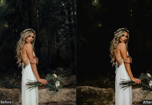 Before and after image showing a woman in a white dress holding flowers, demonstrating the effect of dark Lightroom presets for cinematic looks.