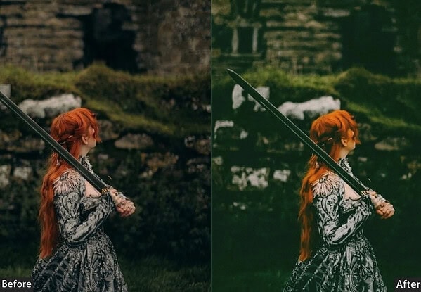 Before and after comparison of a woman with red hair using dark Lightroom presets for cinematic looks, highlighting shadow enhancement and color grading.