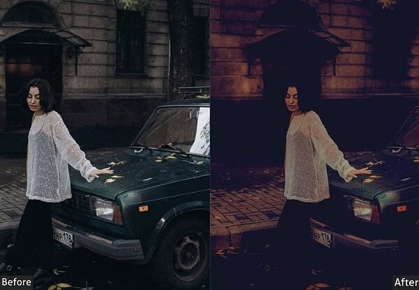 Comparison of a woman with an umbrella and vintage car before and after applying night city light Lightroom presets for urban photography.