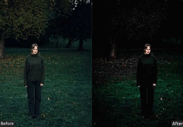 Before and after comparison of a woman in a park using night Lightroom presets for urban photography enhancement.