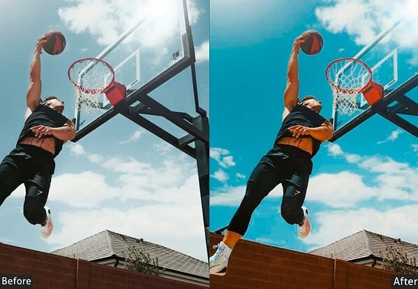Dynamic basketball dunk captured with vibrant colors and high contrast, ideal for sports photography editing using Lightroom presets.