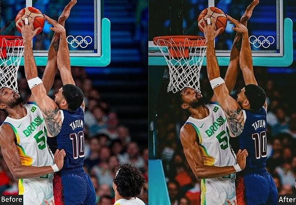 Dynamic basketball game image showing players contesting a shot near the hoop, emphasizing sports photography and high-energy moments.