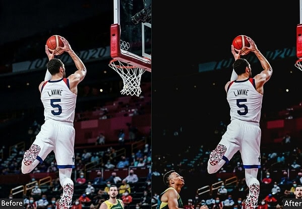 Basketball player wearing jersey number 5 jumping to score a basket during a game in an indoor arena.