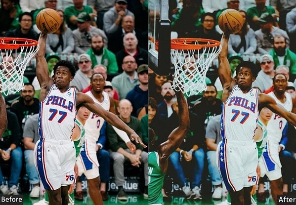 Dynamic basketball scene showing a player in a Philadelphia 76ers jersey attempting a shot near the hoop, with a crowd in the background, enhanced for sports photography.