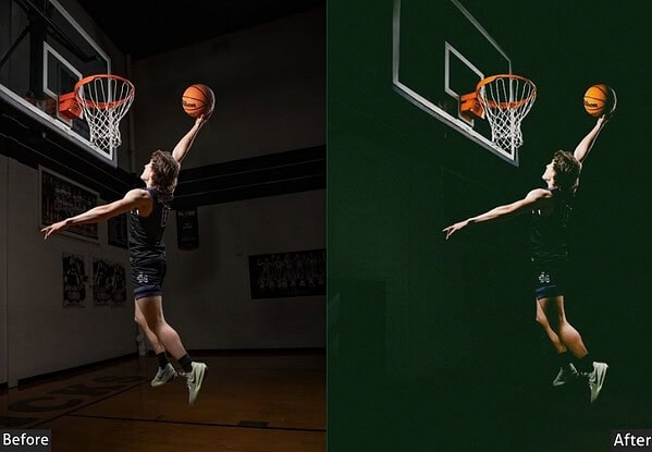 Comparison of basketball photo before and after applying Lightroom presets, highlighting enhanced colors and contrast for sports photography.