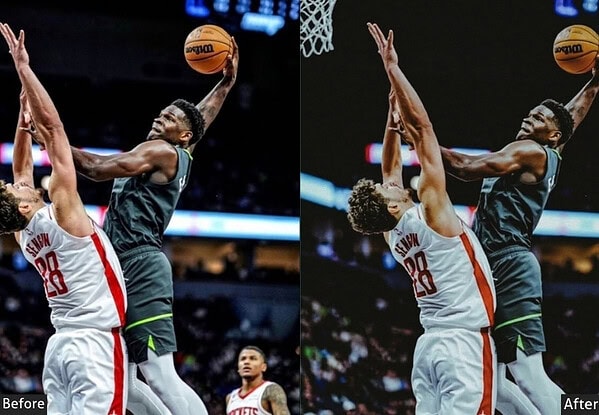 High-energy basketball action shot with players jumping for a dunk, optimized for sports photography editing using Lightroom presets.