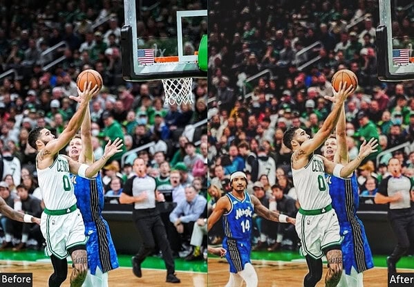 High-energy basketball game scene with players jumping for a shot near the hoop, crowd in the background, captured with sports photography presets.